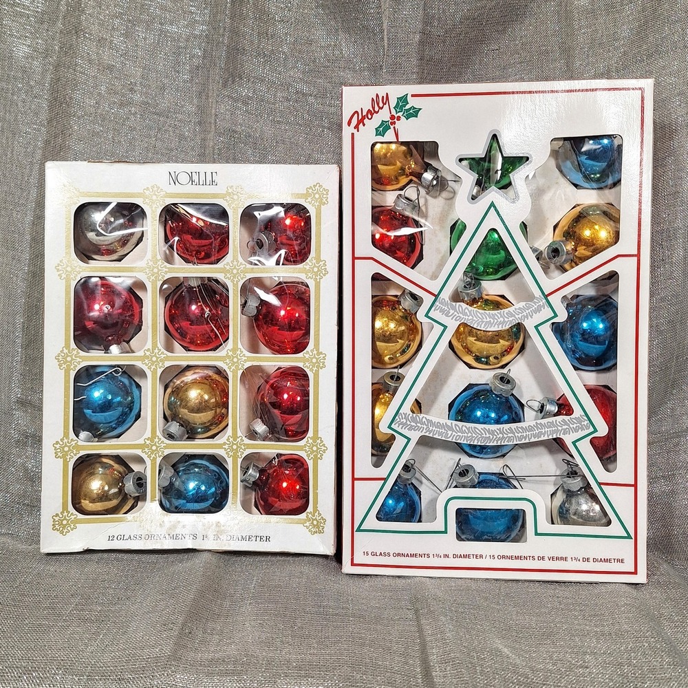 Vintage Glass Ball Christmas Ornaments Box of 12 Noelle, Box of 15 Holly Sparkle